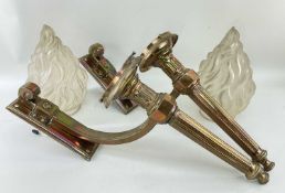 LARGE PAIR BRASS WALL LIGHTS, with moulded and frosted glass flame shades (possibly associated),