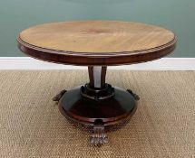 EARLY VICTORIAN WALNUT CENTRE TABLE, circular moulded top, shallow frieze, tapering hexagonal