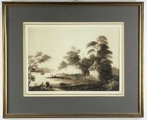 SIR CHARLES D'OYLY, BARONET (1781-1845) pen and ink - River Landscape in India, with boats, figures,