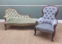 VICTORIAN WALNUT CHAIR-BACK CHAISE LONGUE & ARMCHAIR, chais in sage upholstery 165cms long,