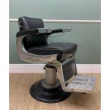 VINTAGE BELMONT CHROMED STEEL & BLACK UPHOLSTERED BARBER'S CHAIR, folding foot rest, ashtray