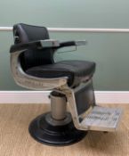 VINTAGE BELMONT CHROMED STEEL & BLACK UPHOLSTERED BARBER'S CHAIR, folding foot rest, ashtray