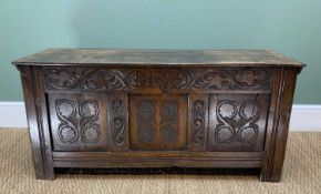 EARLY 18TH CENTURY JOINED OAK COFFER, boarded top above panelled front and sides, frieze carved with