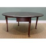 MID 18TH CENTURY MAHOGANY GATELEG DINING TABLE, oval drop-flap top above plain frieze and club legs,