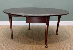 MID 18TH CENTURY MAHOGANY GATELEG DINING TABLE, oval drop-flap top above plain frieze and club legs,