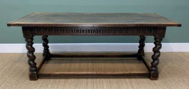 17TH CENTURY-STYLE OAK REFECTORY TABLE, twin plank top with cleated ends, on lunette carved