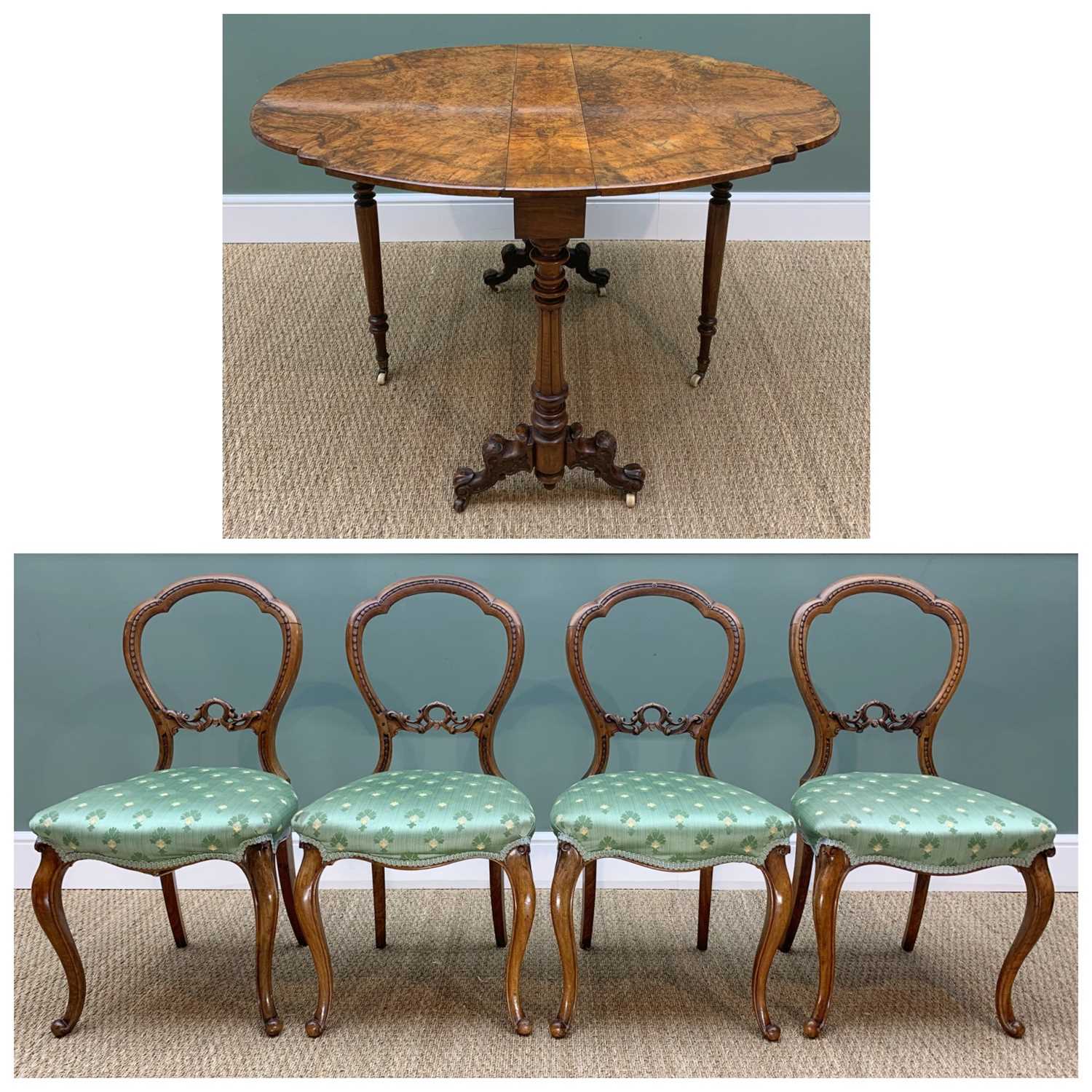 MID VICTORIAN BURR-WALNUT SUTHERLAND TABLE, shaped top over column suppports with blind fret
