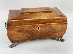 REGENCY MAHOGANY & TULIPWOOD CROSS-BANDED & BOX-WOOD STRUNG TEA CADDY, sarcophagus form with