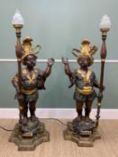 LARGE PAIR OF MODERN PATINATED BRONZE FIGURAL FLOOR LAMPS, as children, holding staffs, wearing