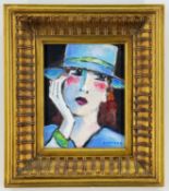 ‡ DANIEL TIMMERS (French, b.1948) oil on canvas - The Blue Hat, signed, 23 x 18.5cms Provenance: