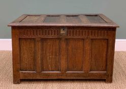 17TH CENTURY OAK COFFER, quadruple panelled top and side with narrow lunette frieze, 98w x 51d x