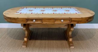 MEXICAN SPANISH COLONIAL STYLE PITCH PINE OVAL DINING TABLE, top inset with tiles, four frieze