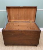 CEDAR RECTANGULAR BLANKET BOX, flush gilt brass handles, stained exterior, raised on modern castors,