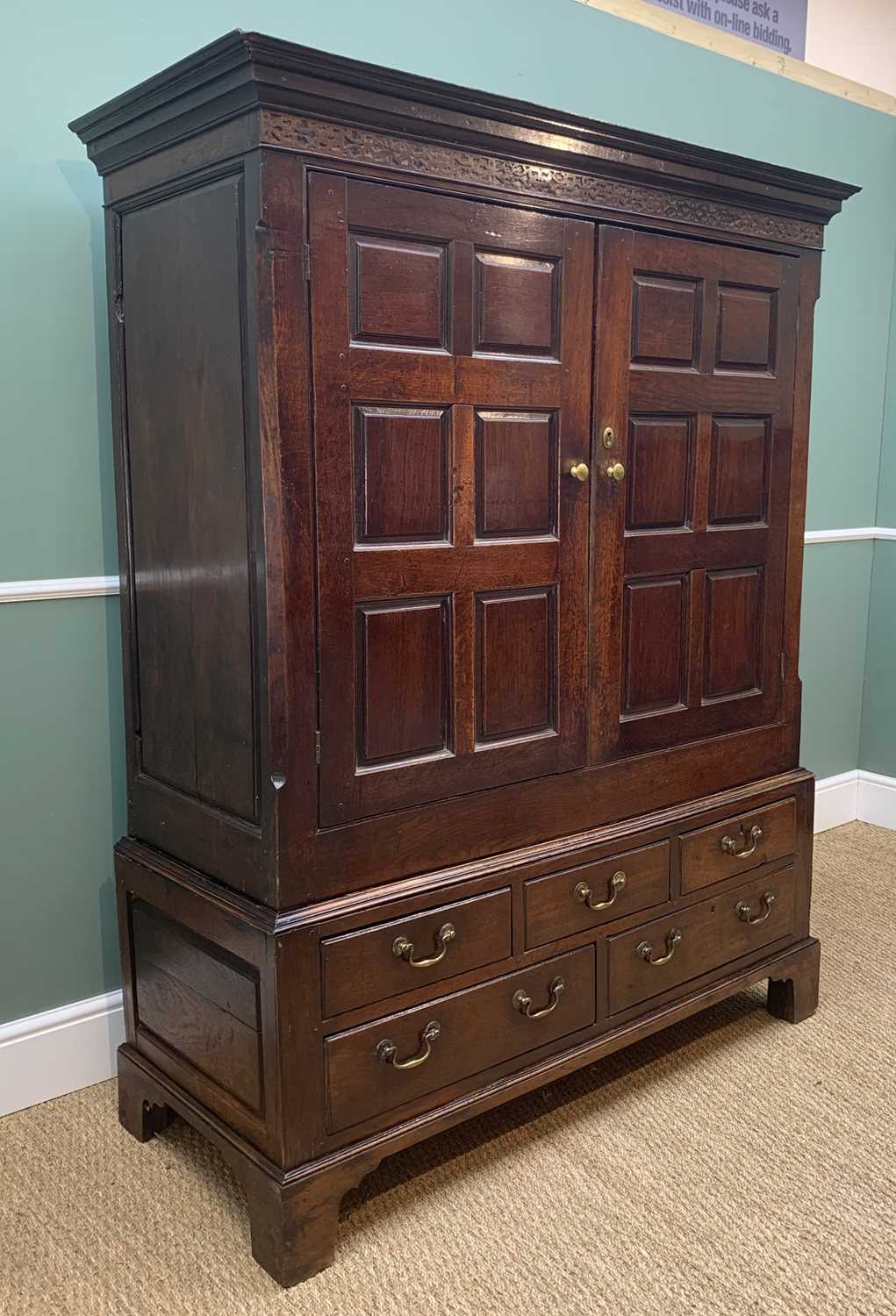 LATE 18TH CENTURY WELSH OAK PRESS CUPBOARD, probably Cardiganshire, cavetto cornice and blind fret - Image 2 of 12