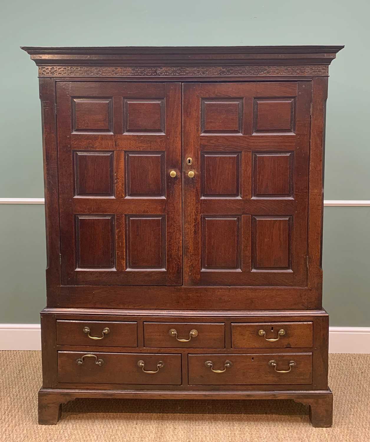 LATE 18TH CENTURY WELSH OAK PRESS CUPBOARD, probably Cardiganshire, cavetto cornice and blind fret - Image 4 of 12