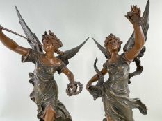 PAIR 19th CENTURY PATINATED SPELTER SCULPTURES, titled La Fortune and La Renomme, after Moreau, on