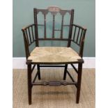 REGENCY PAINTED BEECH ARMCHAIR, with woven rush seat, spindle back and sides, classical tablet