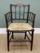 REGENCY PAINTED BEECH ARMCHAIR, with woven rush seat, spindle back and sides, classical tablet