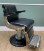 VINTAGE BELMONT CHROMED STEEL & BLACK UPHOLSTERED BARBER'S CHAIR, folding foot rest, adjustable back