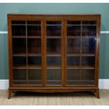 EARLY 20TH CENTURY OAK BOOKCASE on splayed legs, four shelves (three adjustable), two glazed doors