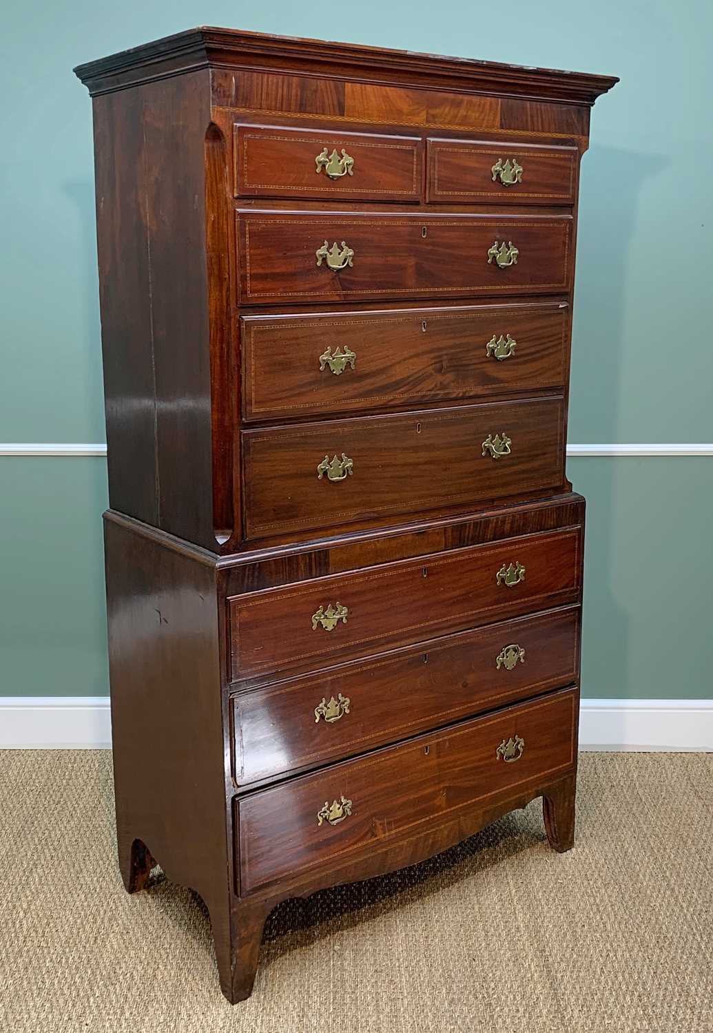 19TH CENTURY MAHOGANY TALLBOY CHEST, canted angles, fitted two short and three long graduated - Image 2 of 5