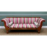 VICTORIAN WALNUT SCROLLED SETTEE, upholstered modern pink striped fabric, 2 bolsters, 270cms wide