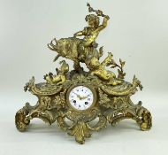 19TH CENTURY FRENCH GILT BRONZE MANTEL CLOCK, rococo case surmounted by three figures of the