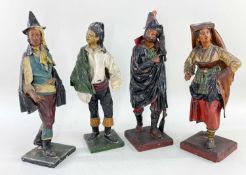 TWO PAIRS 19TH CENTURY FIGURES of NEAPOLITANS, wood and papier mache, square wood bases, 37cm h (