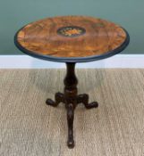 VICTORIAN WALNUT MARQUETRY TRIPOD TABLE, floral inlaid and box-strung top, ebonised edge, on