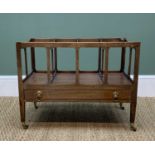 EARLY 19TH CENTURY MAHOGANY CANTERBURY, three division top above frieze drawer, tapering square