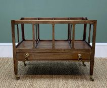 EARLY 19TH CENTURY MAHOGANY CANTERBURY, three division top above frieze drawer, tapering square