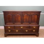 18TH CENTURY WELSH OAK MULE CHEST, boarded and moulded top, cusped arch fielded panel front,