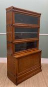 GLOBE WERNICKE CO. LIMITED OAK BOOKCASE, with three glazed shelves above a cupboard base, 154h x 87w