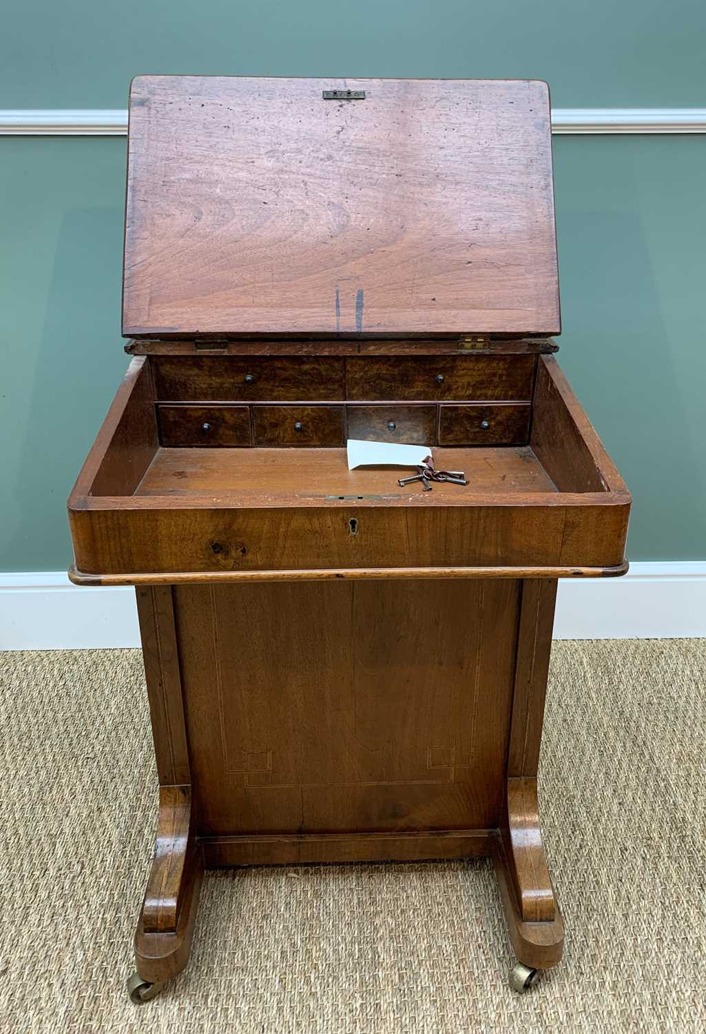 LATE VICTORIAN WALNUT DAVENPORT DESK, satinwood cross-banded decoration with stationery - Image 5 of 5