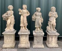 SET OF FOUR COMPOSTION STONE GARDEN STATUES OF 'THE SEASONS', each figure upon square section plinth