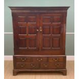 LATE 18TH CENTURY WELSH OAK PRESS CUPBOARD, probably Cardiganshire, cavetto cornice and blind fret