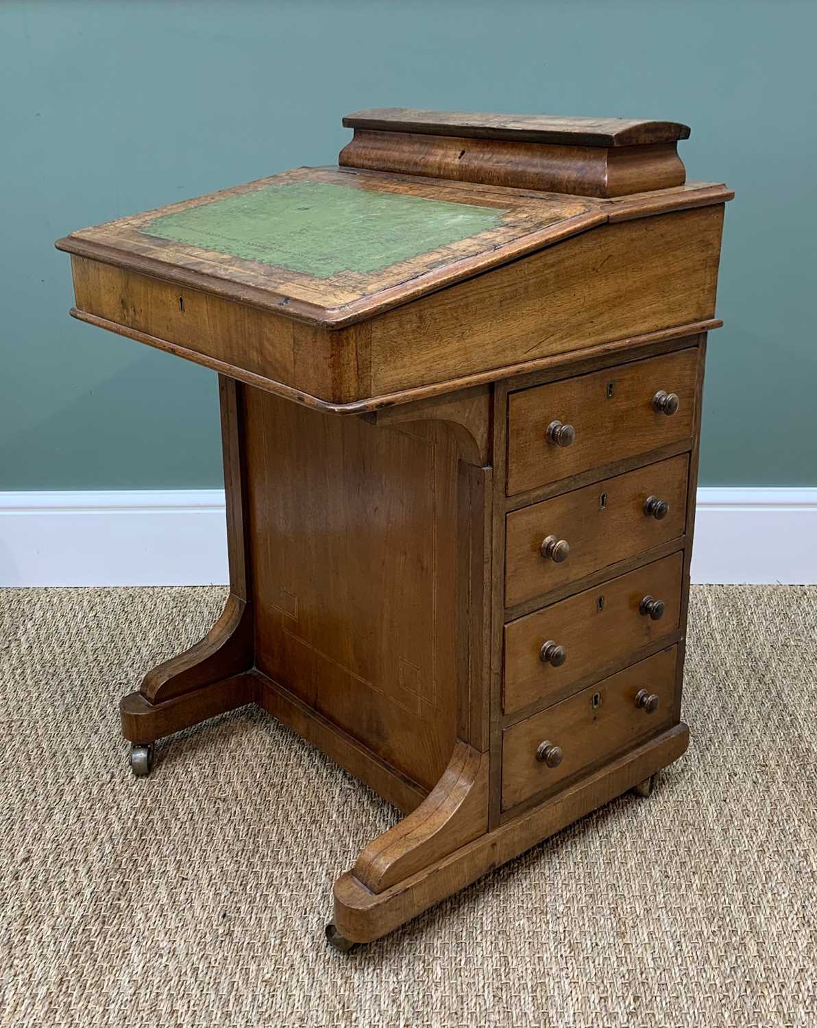LATE VICTORIAN WALNUT DAVENPORT DESK, satinwood cross-banded decoration with stationery - Image 2 of 5