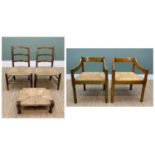 RUSH-SEATED SEATING FURNITURE, comprising pair mid-century armchairs, pair childrens' side chairs,