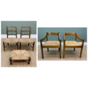 RUSH-SEATED SEATING FURNITURE, comprising pair mid-century armchairs, pair childrens' side chairs,