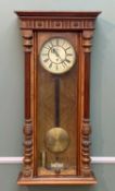 EDWARDIAN WALNUT VIENNA-STYLE WALL CLOCK, two piece dial with subsiduary seconds, brass bob to