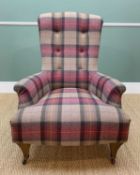 MODERN JOHN SANKEY TARTAN UPHOLSTERED ARMCHAIR with button back and tapering square section legs,