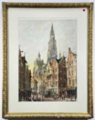 PAUL BRADDON (1864-1938) watercolour - 'Aurea Steet Antwerp', townscape wtih church steeples, signed