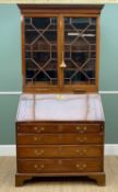 GEORGE III MAHOGANY BUREAU BOOKCASE, dentil cornice, astragal doors, adjustable shelves above pigeon