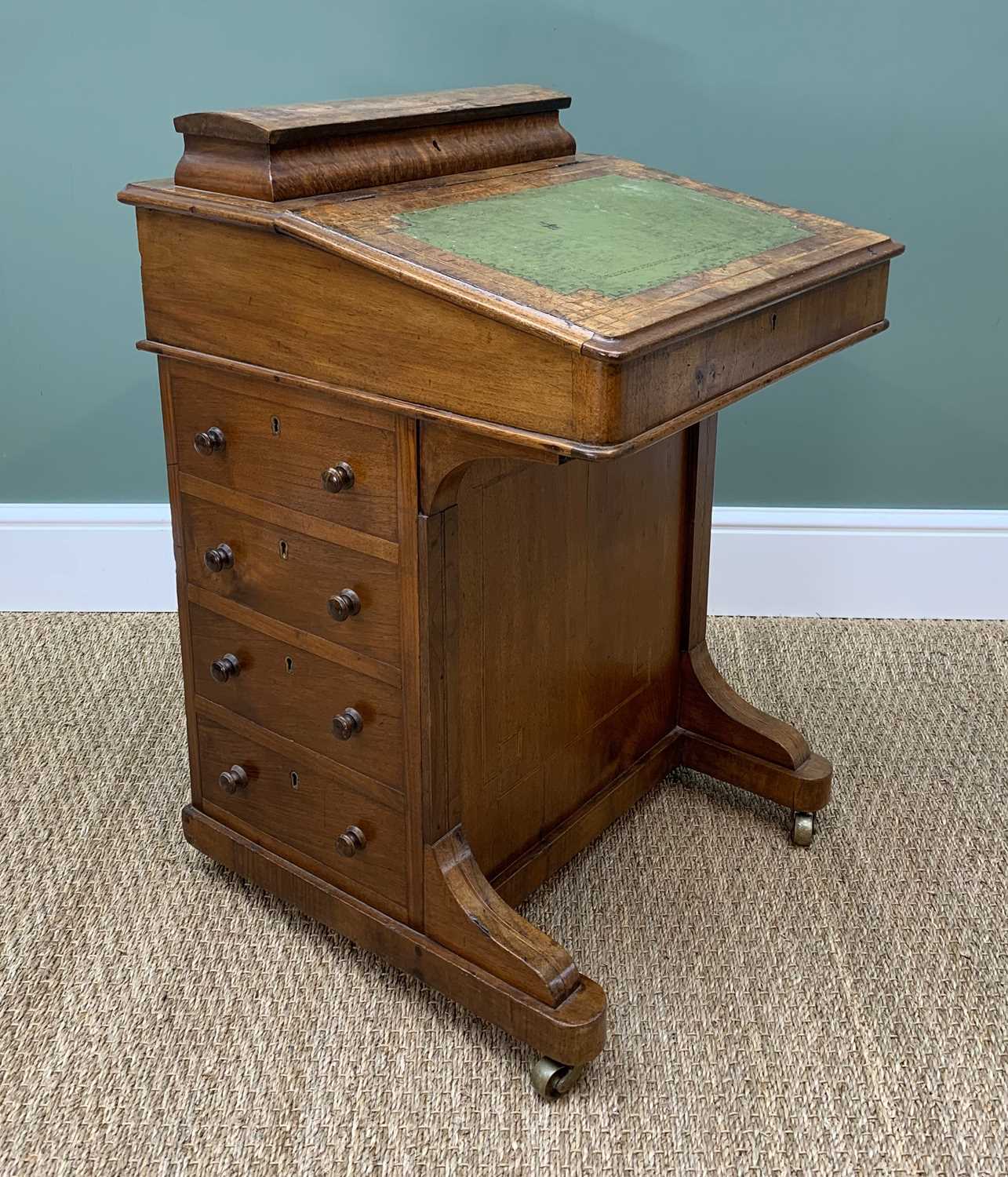 LATE VICTORIAN WALNUT DAVENPORT DESK, satinwood cross-banded decoration with stationery - Image 4 of 5