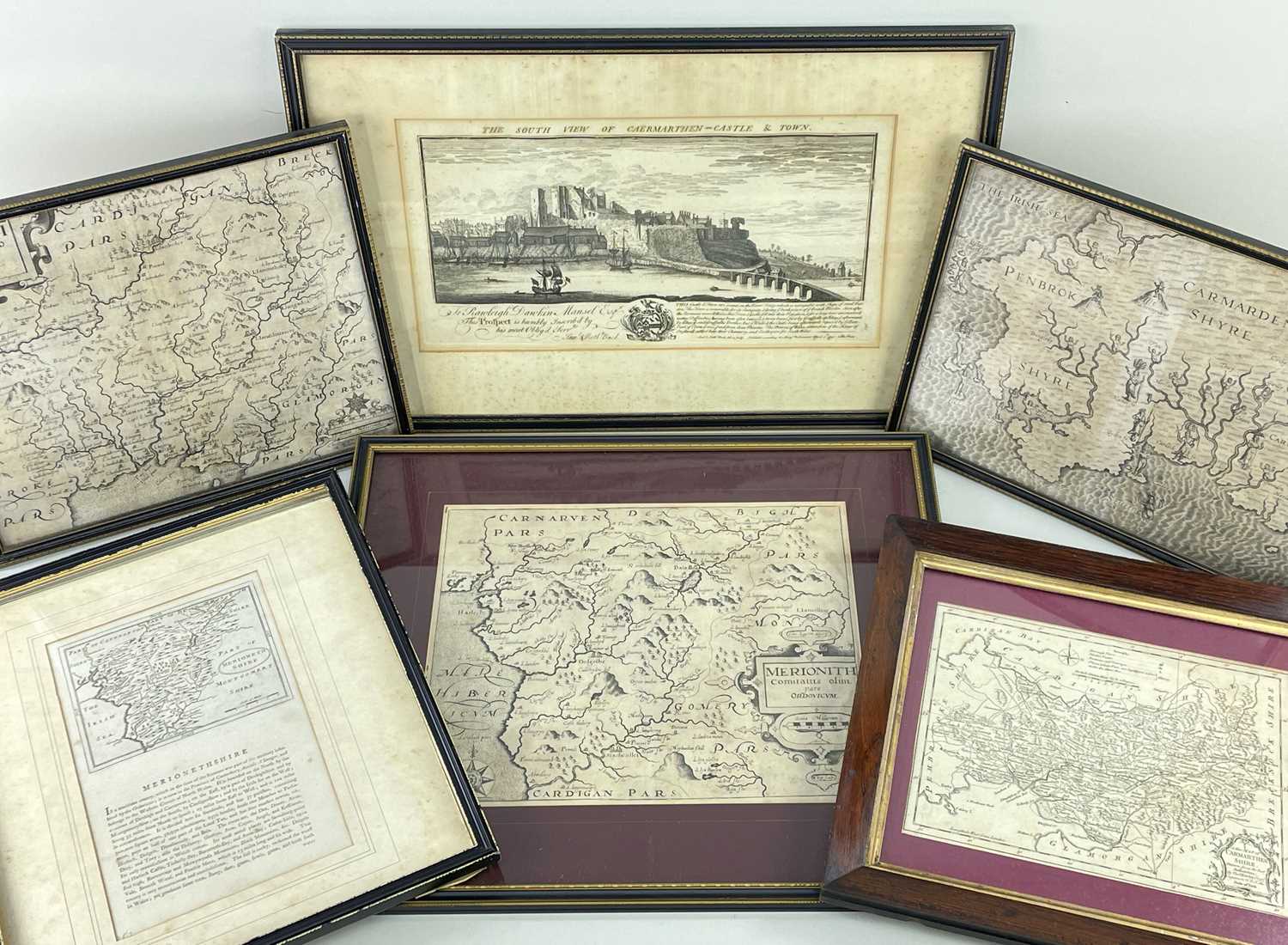 GROUP OF FIVE ANTIQUE ENGRAVED UNCOLOURED WELSH COUNTY MAPS & S & N BUCK PRINT, 17th / 18th Century,