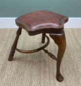 UNUSUAL 'WINDSOR' STOOL with shaped leather stuff-over seat, cabriole front, turned back legs and