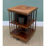 REPRODUCTION MAHOGANY & SATINWOOD REVOLVING BOOKCASE, floral marquetry medallion to top, 53cms wide