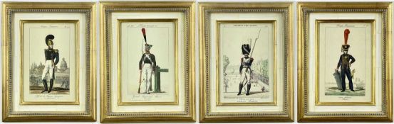 FOUR TROWBRIDGE PRINTS, French Napoleonic soldiers & sailors, decorative painted gilt frames, (I)