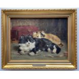 CHARLES VAN DEN EYCKEN (Belgian, 1859-1823) oil on board - cats with sewing tape, signed and dated