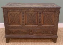 17TH CENTURY-STYLE OAK MULE CHEST, later carved with foliate panels and lozenge drawer fronts,